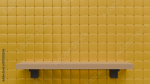 Empty wooden wall shelf on yellow tile for product display, interior decoration, item presentation and mockup creation