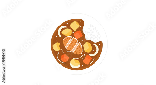 Japanese Curry Rice with Pork Cutlet Illustration, Flat Design