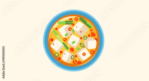 Japanese Miso Soup with Tofu and Green Onions - Flat Design Illustration