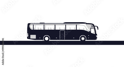 Simple black silhouette of a modern tour bus on a dark line