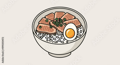 Japanese Rice Bowl with Pork and Egg Illustration