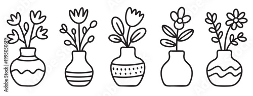 Hand drawn ceramic vase collection with blooming flowers in elegant doodle outline. Modern decorative flower pots and patterned vases.