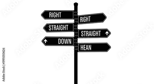 A black signpost with directional arrows indicating right straight down and hean