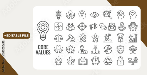 Core Values web icon set in line style. Innovation, integrity, customers, accountability, teamwork, goals, motivation collection. Editable stroke. Vector illustration.