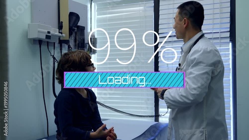 Overlay appearing doctor leaning and inserting otoscope, bar filling to 100% for medical exam