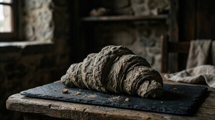 Croissant with rustic stone texture, surreal bakery concept, creative food art, dramatic minimal composition, soft directional light, no logos