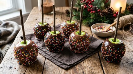 Chocolate covered apples with colorful sprinkles on wooden table, festive dessert treat concept, rich texture, rustic food styling, realistic detail, no logos