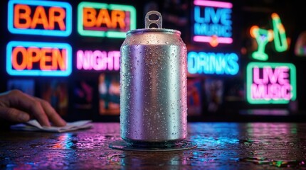 Chilled soda can covered in condensation under vibrant neon lighting, refreshing drink concept with bold color contrast and glossy texture, realistic detail, no logos