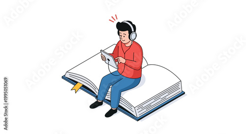 Isometric Illustration of Man Sitting on Giant Book Using Tablet and Headphones for E-learning and Audiobook Concept