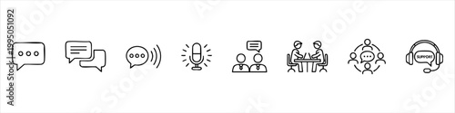 Set of communication, teamwork, and customer support line icons. Vector illustration of business chat, group discussion, voice message, and help center symbols.