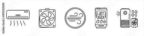 Hand drawn collection of air conditioning and ventilation system icons, including split AC, exhaust fan, airflow symbol, digital thermostat, and portable air cooler units.