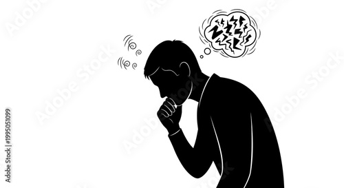 A man in silhouette contemplates with chaotic thoughts swirling above him