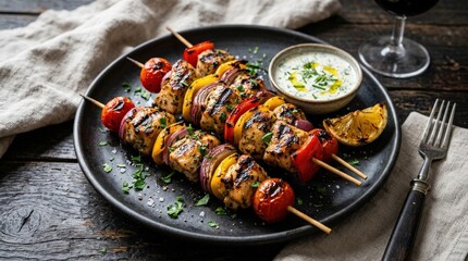 Plate of grilled chicken and vegetable skewers on a dark background, savory meal with clean composition and appetizing char marks, realistic detail, no logos