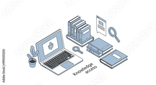 Knowledge Access Concept: Isometric Illustration with Laptop, Books, and Magnifying Glass for Online Learning, E-education, and Digital Library