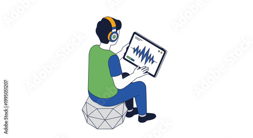 Modern Illustration of Man with Headphones Using Tablet for Audio Editing and Music Production