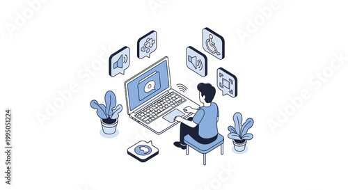 Web Accessibility and Inclusive Digital Design Isometric Illustration with Laptop and Disability Icons