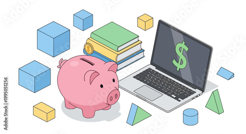 Isometric Illustration of Piggy Bank, Laptop with Dollar Sign and Stack of Books Representing Financial Education and Digital Savings