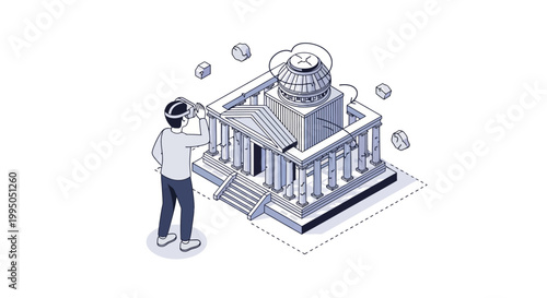 Man in VR Headset Exploring Virtual 3D Architectural Model of a Classical Building, Metaverse Architecture and Digital Reconstruction Concept