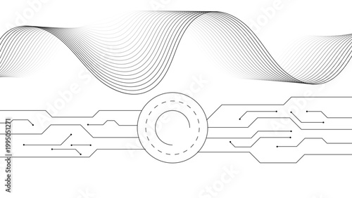 Abstract Tech Wave and Circuit Line Background, Minimal Monochrome Soundwave with PCB Connections and Central Node, Modern Data Flow Design for UI, Technology Branding and Digital Backdrops