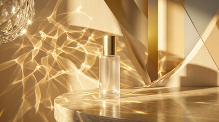 Golden sunlight caustic shadows on abstract background, shimmering glare and reflection effect for elegant product presentation and modern design card, warm realistic detail, no logos