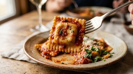 Square ravioli with red sauce on fork, detailed pasta texture and shallow depth of field, appetizing Italian food close up, warm lighting, no logos