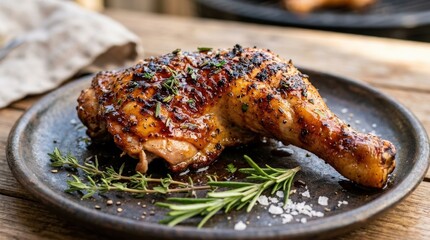 Perfectly grilled chicken leg with herbs, basted and glistening, juicy barbecue meat with rich golden skin and appetizing texture, close up food styling, realistic photography, no logos