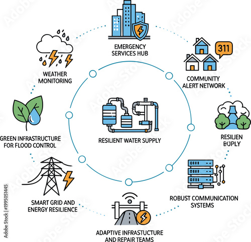 Smart city infrastructure resilience vector infographic with utilities communication water supply and disaster monitoring systems for urban planning and emergency management