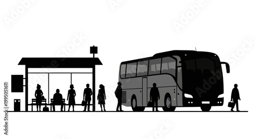 People waiting at a bus stop as a bus arrives nearby