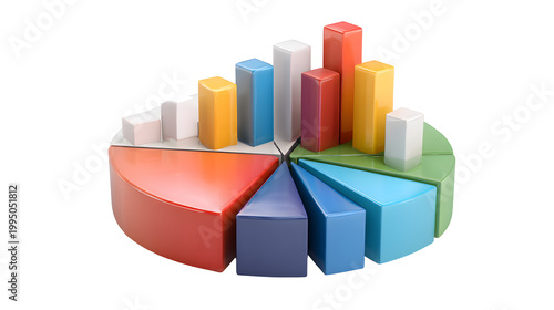 Ultra realistic HD pie chart and bar graph 3D rendered, isolated on white background