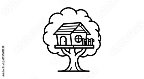Charming treehouse illustration with a detailed tree on transparent background silhouette