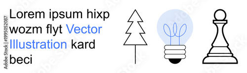 Art, education, strategy, creativity, design, minimalism. Minimal tree, light bulb and chess pawn accompanied by text. Art and education ideas combined with minimal design