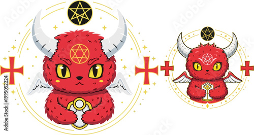 Cute devil creatures, red demons, cartoon illustrations, vector icons