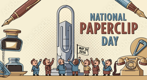 National Paperclip Day celebration with retro vintage stationery and office supplies isolated on background