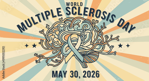 World Multiple Sclerosis Day awareness ribbon with wings and stars banner design isolated on background