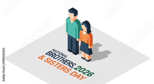 National Brothers and Sisters Day 2026 celebration badge with two children and dog isolated on background