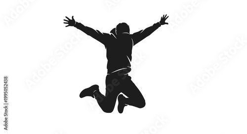 Silhouette of a person jumping with arms outstretched against a white background