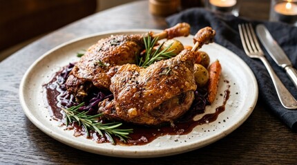 Crispy roasted duck legs with rosemary, gourmet food close up, golden skin and rich savory texture, elegant plated meal, warm appetizing light, no logos