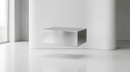 Sleek silver box floating in minimalist space, luxury packaging concept, clean modern product display, refined metallic reflections, soft studio lighting, crisp realistic detail, no logos
