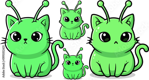 Cartoon green alien cats, funny feline characters, vector icons set, four different sizes