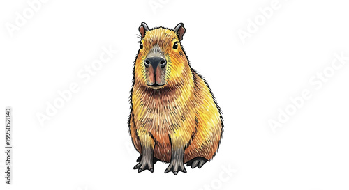 This detailed vector graphic illustration depicts a friendly capybara sitting calmly against a plain white background