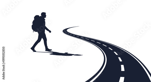 A silhouetted hiker walks along a winding road toward the horizon