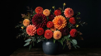 Bouquet of vibrant dahlias in warm colors against black background, lush floral arrangement, premium blossom display, rich petals and texture, elegant still life, dramatic studio lighting, no logos