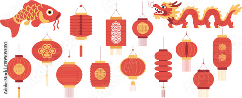 Chinese New Year vector set with red lanterns dragon and koi fish elements for Lunar New Year festival celebration and traditional Asian culture decorations.