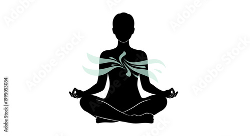 Silhouette of a person meditating in the lotus position with swirls
