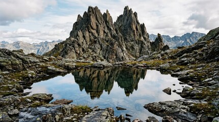 Jagged rock formation reflected in clear puddle, dramatic nature landscape with sharp stone texture and mirror-like water surface, natural light, realistic detail, no logos