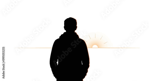 Silhouette of a man facing a bright sunrise over a calm horizon