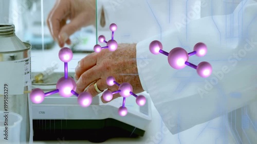 Lab tech drawing syringe placing sample on scale pressing keys for weighing purple overlay on hands