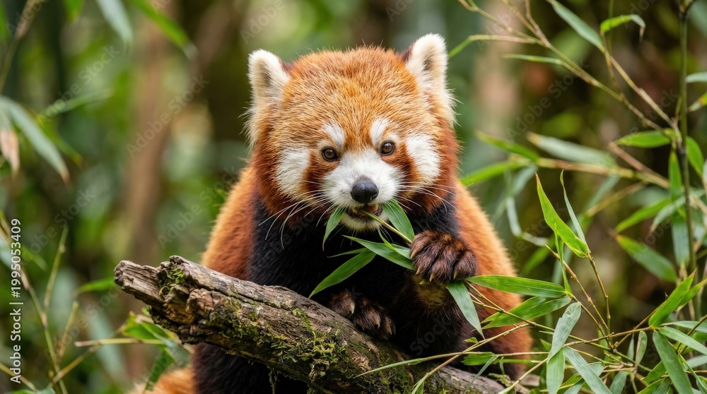 Obraz premium Close up of a cute red panda eating green bamboo leaves, playful wildlife portrait with detailed fur and vivid natural color, shallow depth of field, realistic animal photography, no logos