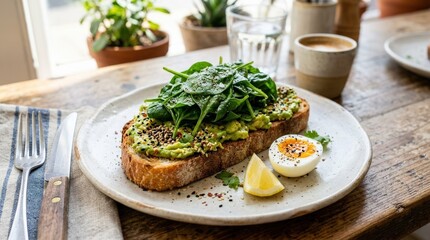 Avocado toast with spinach and sesame seeds on a breakfast plate, healthy fresh meal with creamy avocado and wholesome toppings, appetizing close up, bright natural light, no logos