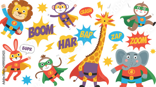 Cute animal superheroes vector set featuring lion elephant monkey giraffe and rabbit in capes with comic book speech bubbles for kids nursery design.